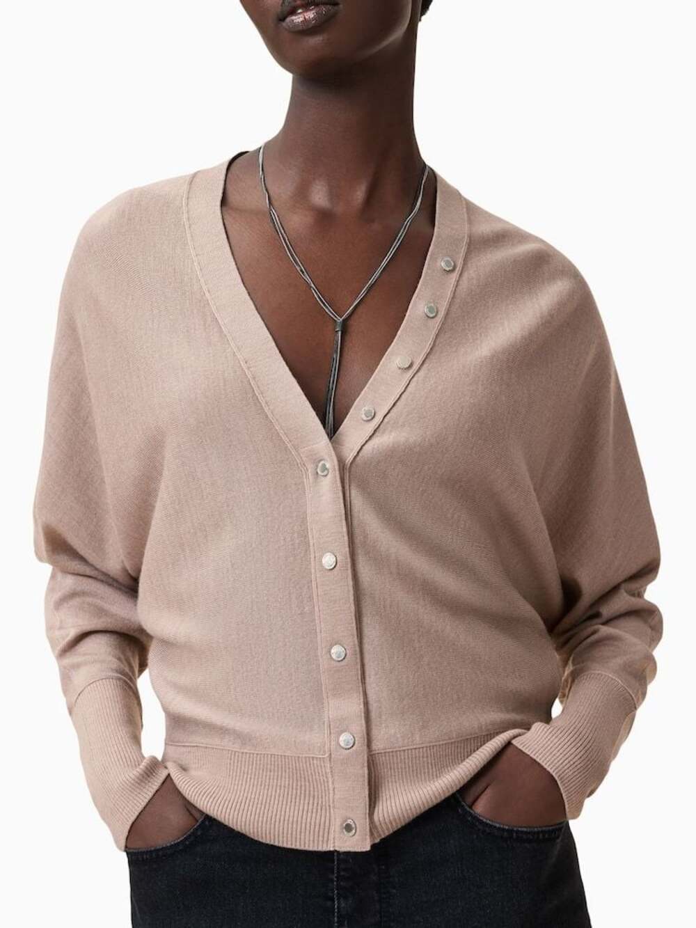 AllSaints Honor V Cardigan Pink 100% Wool Relaxed Snap Sweater Small